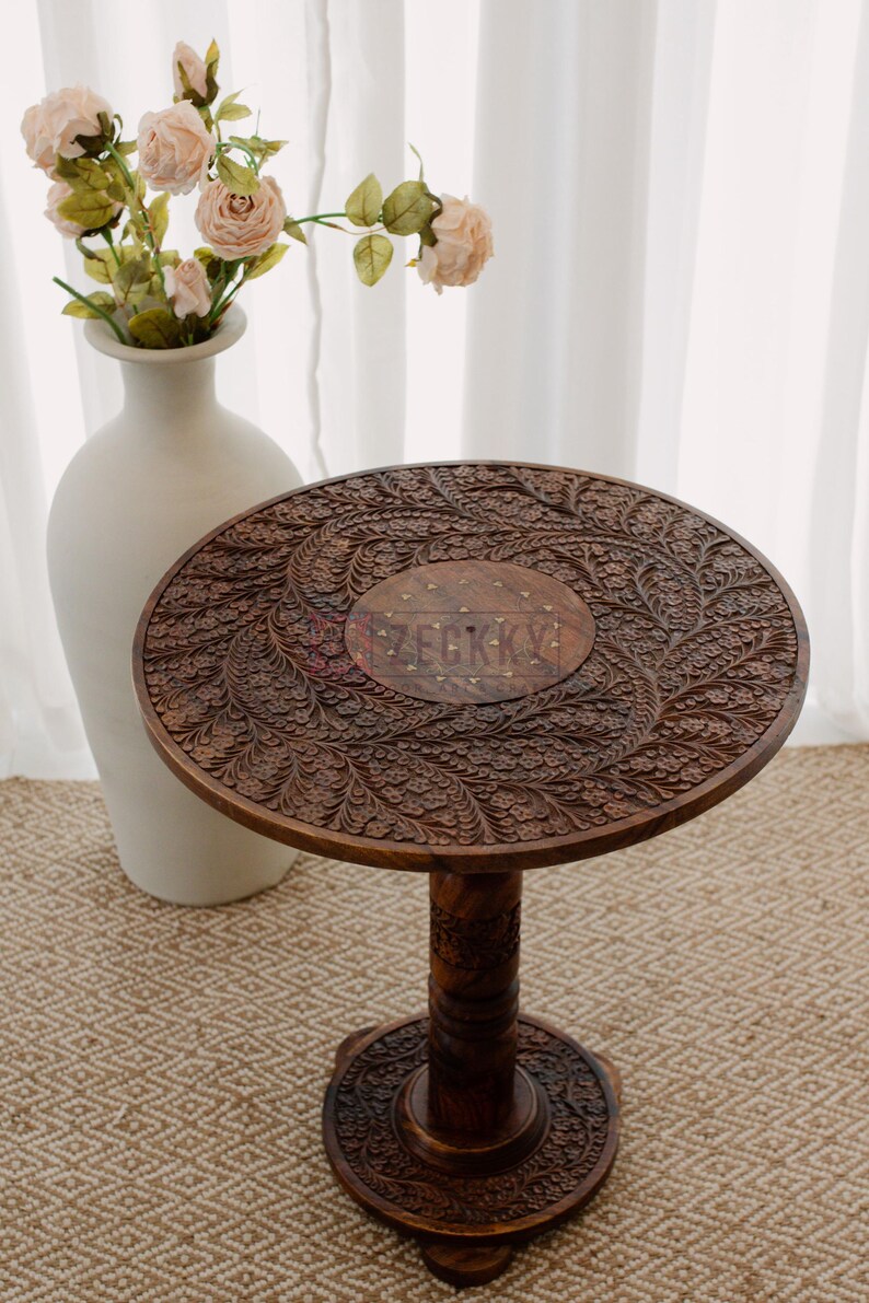 End Tables for Living Room - Round Side Tables Rustic Home Decor, Wooden Coffee Table with Engraving and Brass Inlays, Farmhouse Decor