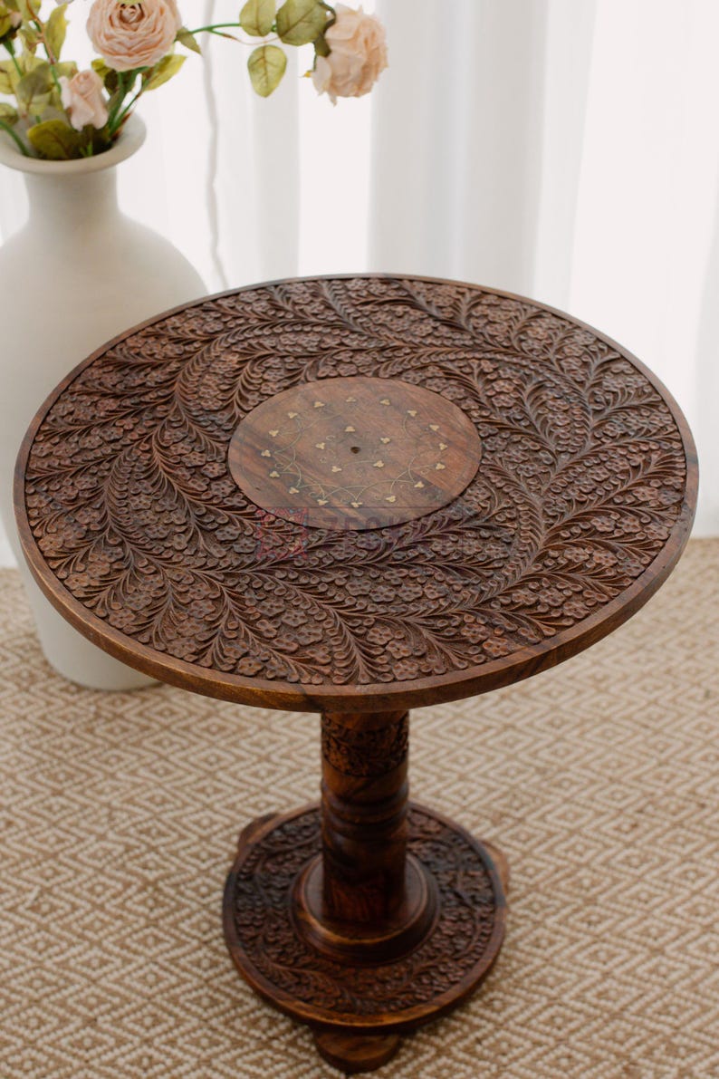 End Tables for Living Room - Round Side Tables Rustic Home Decor, Wooden Coffee Table with Engraving and Brass Inlays, Farmhouse Decor