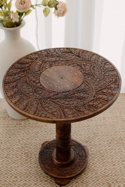 End Tables for Living Room - Round Side Tables Rustic Home Decor, Wooden Coffee Table with Engraving and Brass Inlays, Farmhouse Decor