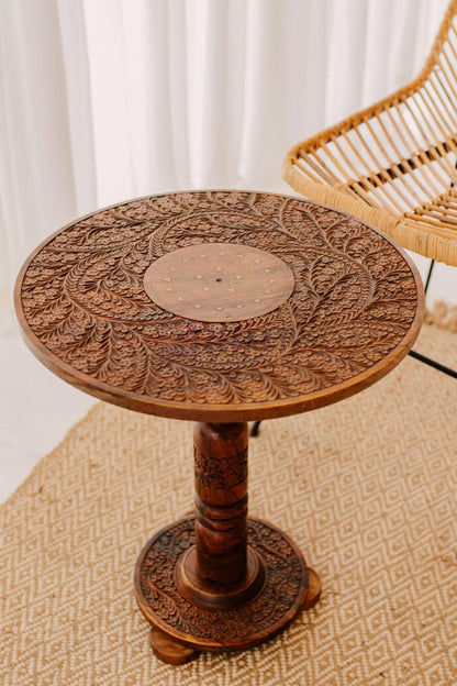 End Tables for Living Room - Round Side Tables Rustic Home Decor, Wooden Coffee Table with Engraving and Brass Inlays, Farmhouse Decor