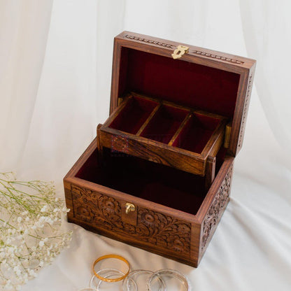 Foldable Jewelry Organizer Large with 4 Compartments, Brass Inlays Engraved Wood Jewelry Box with Drawers, Jewellery Storage Unique Gifts