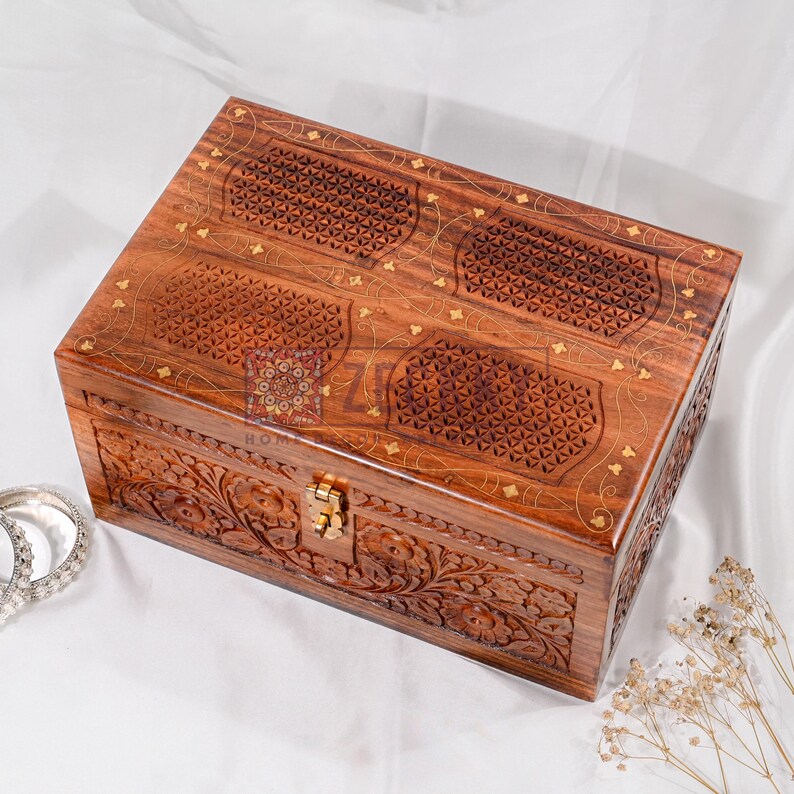 Foldable Jewelry Organizer Large with 4 Compartments, Brass Inlays Engraved Wood Jewelry Box with Drawers, Jewellery Storage Unique Gifts