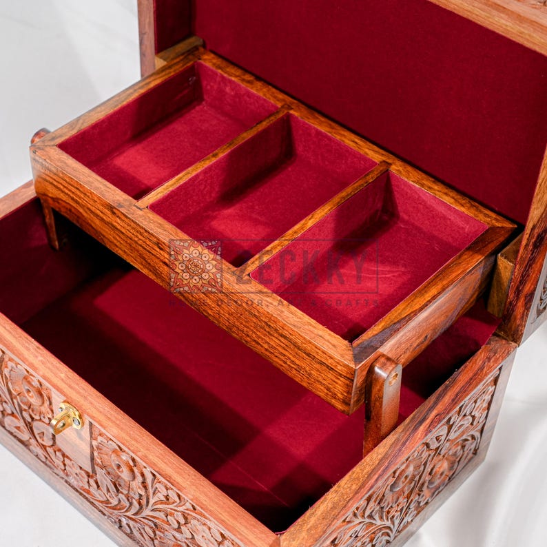 Foldable Jewelry Organizer Large with 4 Compartments, Brass Inlays Engraved Wood Jewelry Box with Drawers, Jewellery Storage Unique Gifts