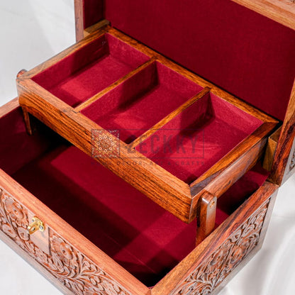 Foldable Jewelry Organizer Large with 4 Compartments, Brass Inlays Engraved Wood Jewelry Box with Drawers, Jewellery Storage Unique Gifts