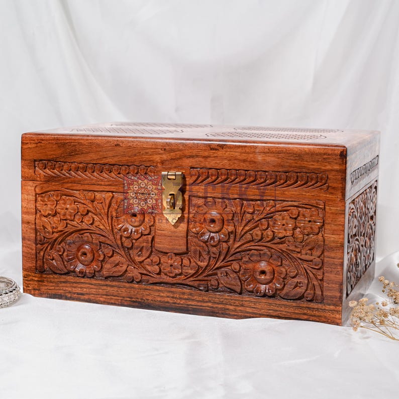Foldable Jewelry Organizer Large with 4 Compartments, Brass Inlays Engraved Wood Jewelry Box with Drawers, Jewellery Storage Unique Gifts