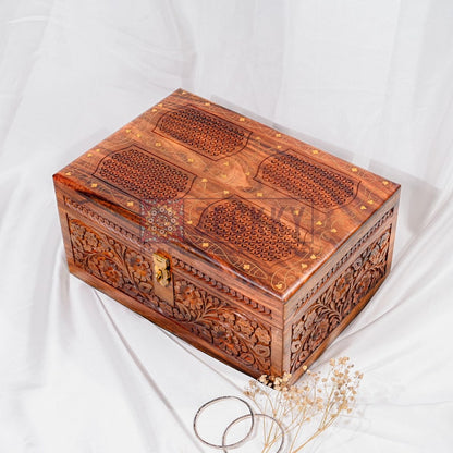 Foldable Jewelry Organizer Large with 4 Compartments, Brass Inlays Engraved Wood Jewelry Box with Drawers, Jewellery Storage Unique Gifts