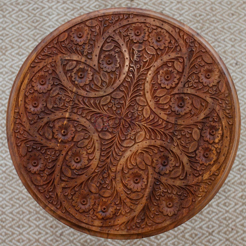 Round Side Table, Small End Tables for Living Room, Live Edge Table Farmhouse Decor, Engraved Wooden Folding Table, New House Gift