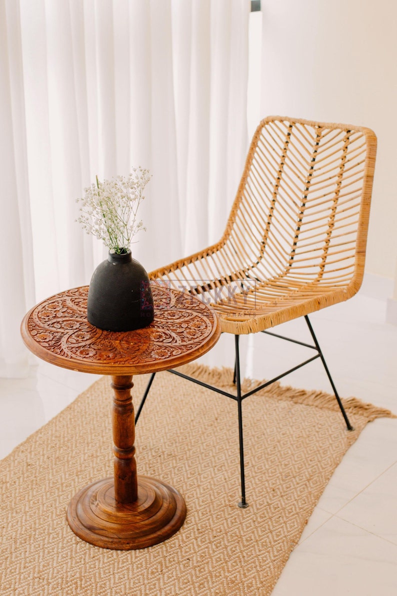 Round Side Table, Small End Tables for Living Room, Live Edge Table Farmhouse Decor, Engraved Wooden Folding Table, New House Gift