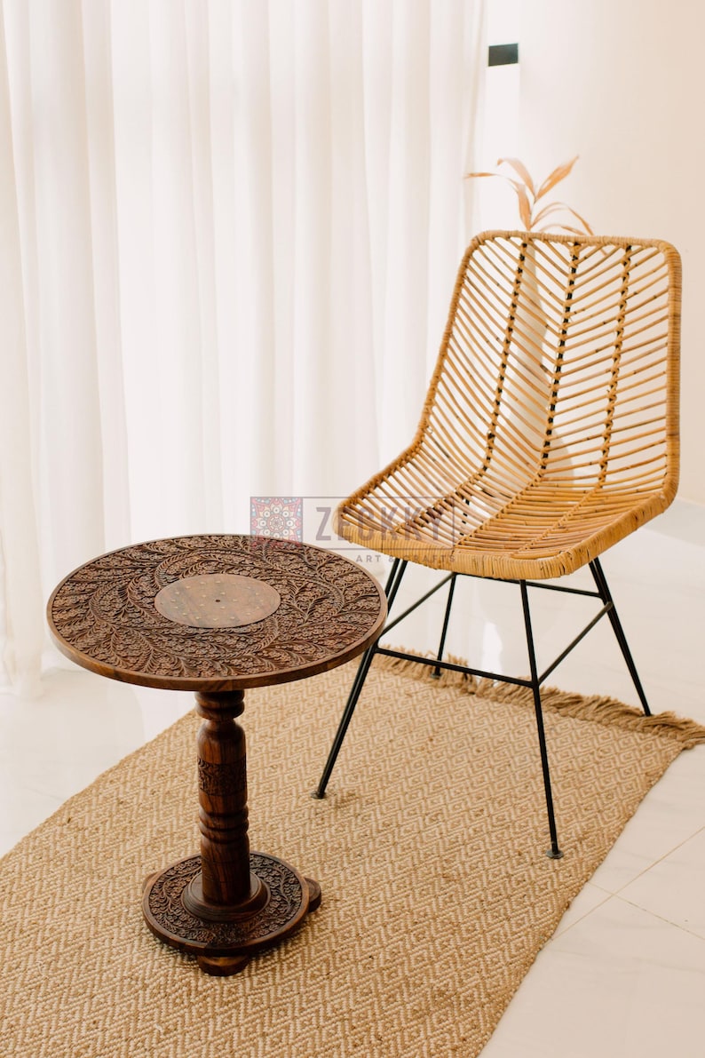 End Tables for Living Room - Round Side Tables Rustic Home Decor, Wooden Coffee Table with Engraving and Brass Inlays, Farmhouse Decor