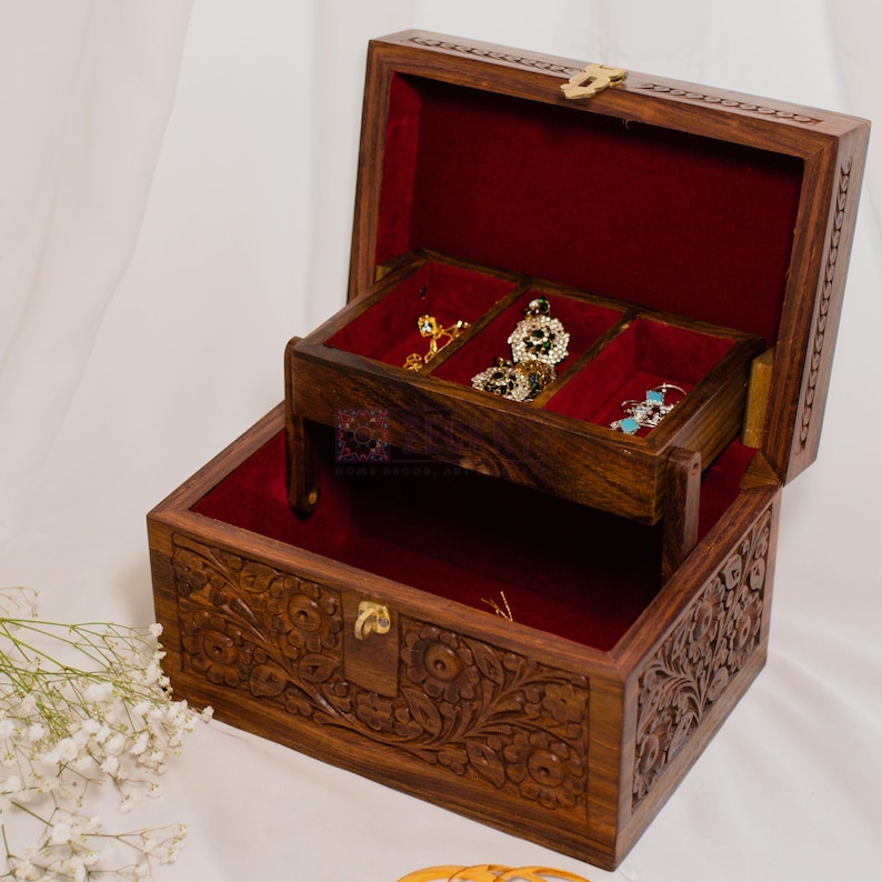 Foldable Jewelry Organizer Large with 4 Compartments, Brass Inlays Engraved Wood Jewelry Box with Drawers, Jewellery Storage Unique Gifts