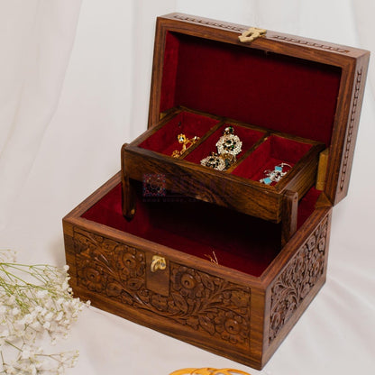 Foldable Jewelry Organizer Large with 4 Compartments, Brass Inlays Engraved Wood Jewelry Box with Drawers, Jewellery Storage Unique Gifts