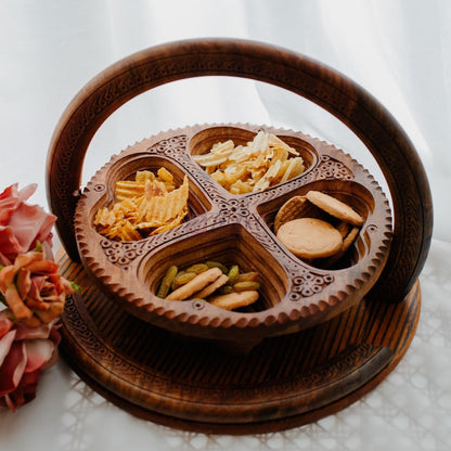 Hand-Carved Wooden Basket with Handle: Foldable Rustic Fruit Bowl