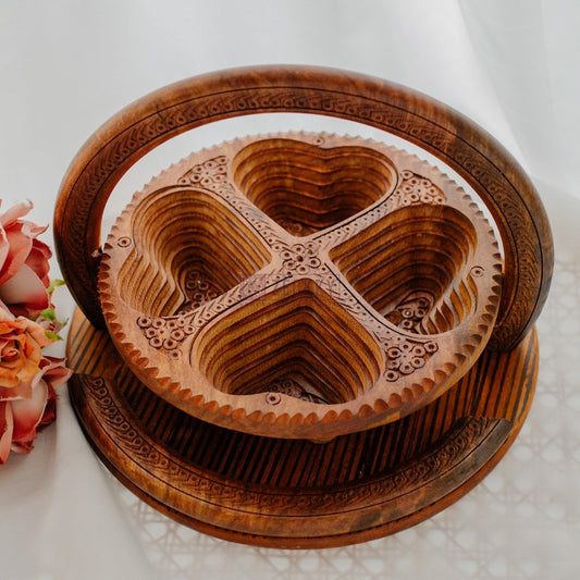 Hand-Carved Wooden Basket with Handle: Foldable Rustic Fruit Bowl