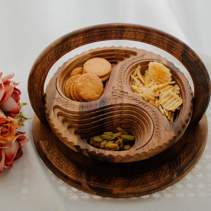 Hand-Carved Wooden Basket with Handle: Foldable Rustic Fruit Bowl