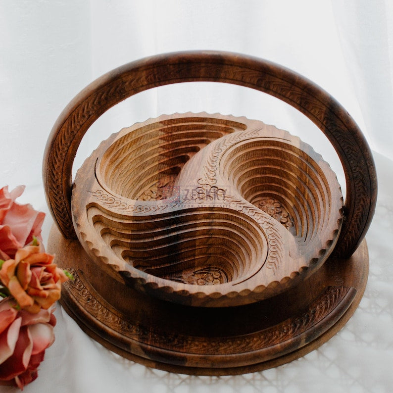 Hand-Carved Wooden Basket with Handle: Foldable Rustic Fruit Bowl