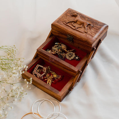 Handmade Rosewood Tiered Jewelry Box: Horse Decor, Velvet Lined
