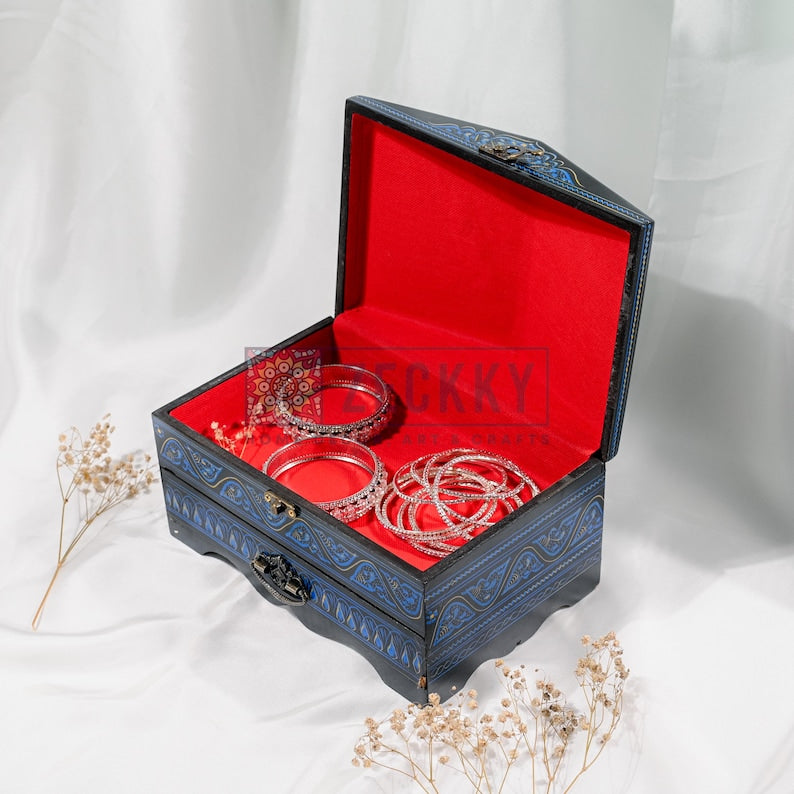 Large Wooden Makeup & Jewelry Box with Drawer Hand-Painted Vanity Organizer Cosmetic and Toiletry Storage Gift for Wife or Girlfriend