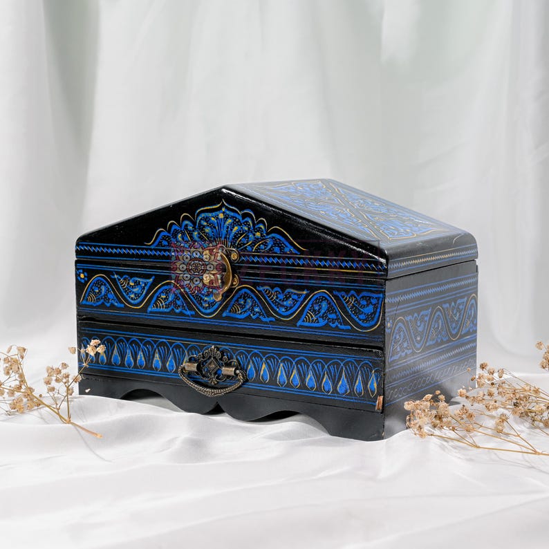 Large Wooden Makeup & Jewelry Box with Drawer Hand-Painted Vanity Organizer Cosmetic and Toiletry Storage Gift for Wife or Girlfriend