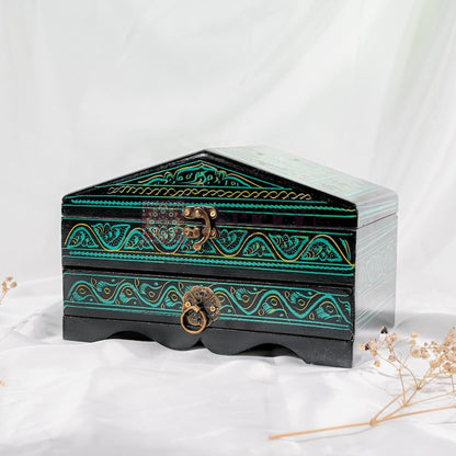 Large Wooden Makeup & Jewelry Box with Drawer Hand-Painted Vanity Organizer Cosmetic and Toiletry Storage Gift for Wife or Girlfriend