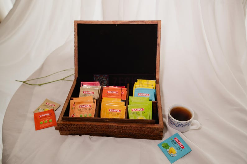 Rustic Tea Bag Holder with Secret Lock – Wooden Tea Organizer Gift for Mom or Grandma