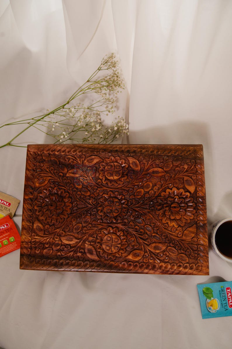 Handmade Wooden Tea Box 6 Slot Tea Bag Organizer Unique 5th or 7th Anniversary Gift for Husband or Wife