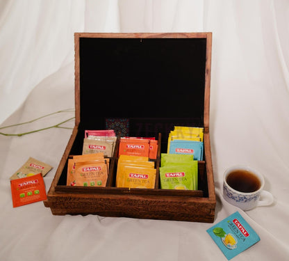 Handmade Wooden Tea Box 6 Slot Tea Bag Organizer Unique 5th or 7th Anniversary Gift for Husband or Wife