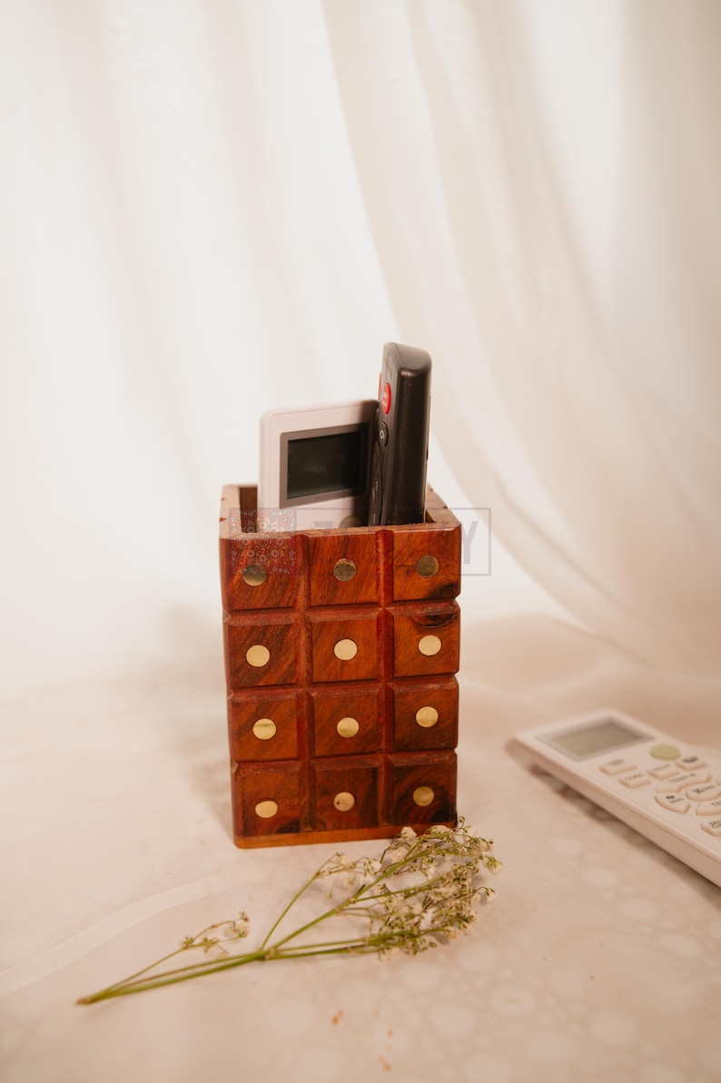 Wooden Remote Control Holder – Handcrafted Rosewood Organizer Box | Rustic TV Remote Stand for Living Room, Bedroom, or Office Use