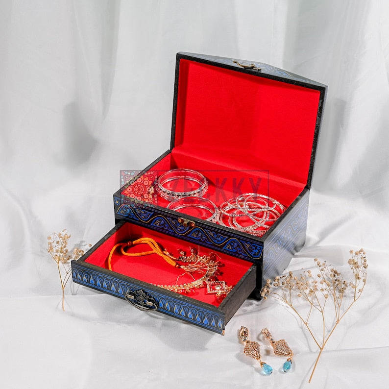 Large Wooden Makeup & Jewelry Box with Drawer Hand-Painted Vanity Organizer Cosmetic and Toiletry Storage Gift for Wife or Girlfriend