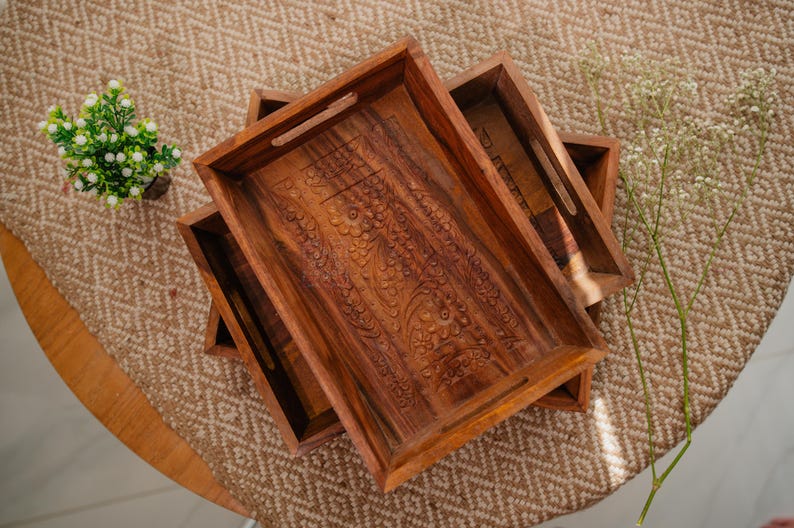 Handmade Wood Serving Tray: Carved Ottoman Tray, Coffee Table Decor
