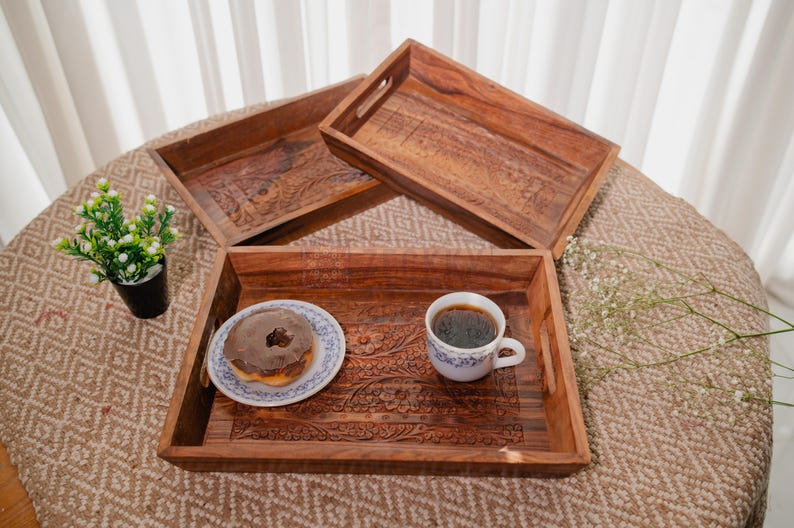 Handmade Wood Serving Tray: Carved Ottoman Tray, Coffee Table Decor