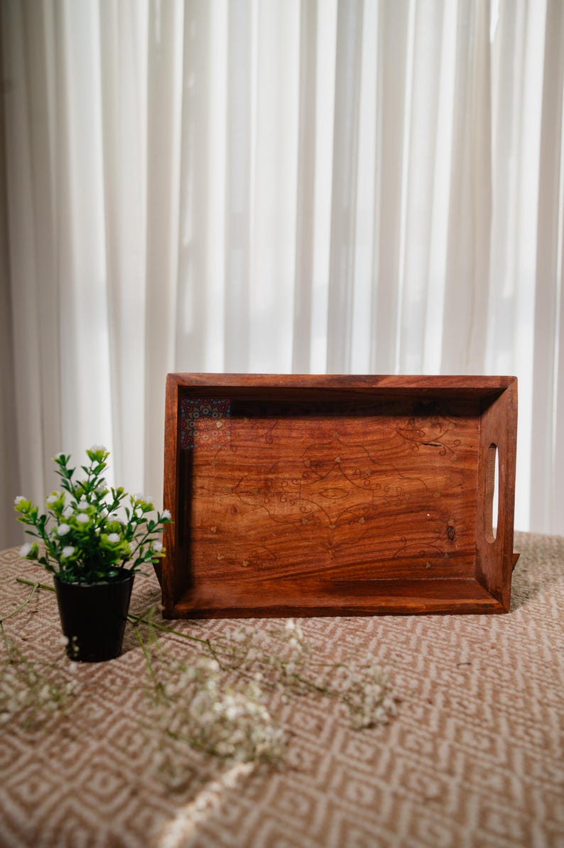 Handmade Rosewood Serving Tray with Brass Inlay - Rustic Farmhouse Decor