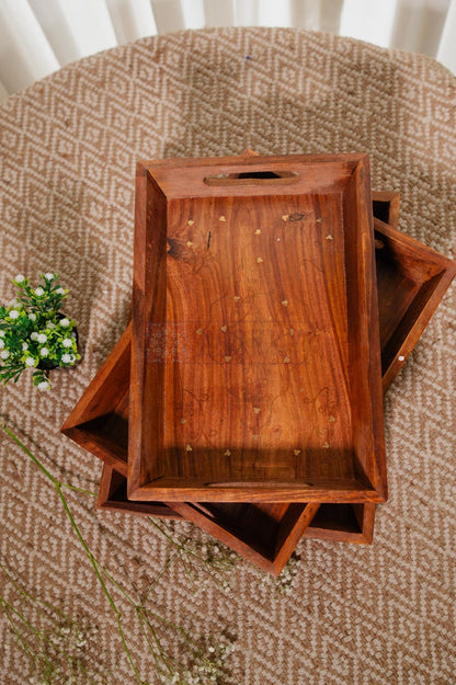 Handmade Rosewood Serving Tray with Brass Inlay - Rustic Farmhouse Decor