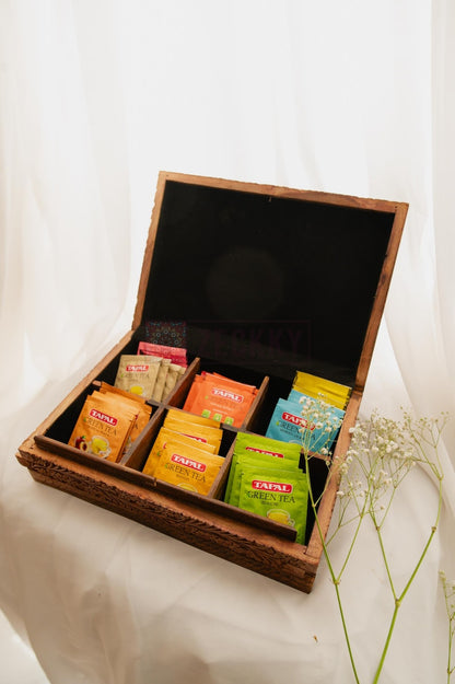Handmade Wooden Tea Box 6 Slot Tea Bag Organizer Unique 5th or 7th Anniversary Gift for Husband or Wife