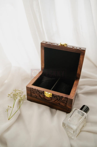 Floral Engraved Wooden Watch Box: 2-Slot Men's Accessory Organizer