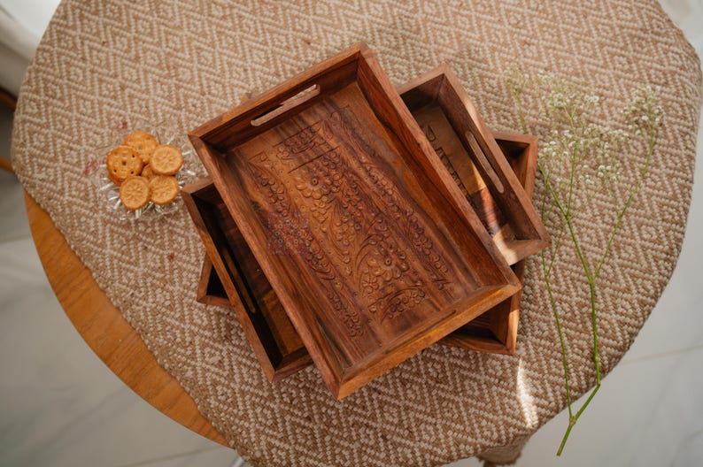 Handmade Rectangular Wood Ottoman Tray: Carved Coffee Table Tea Platter