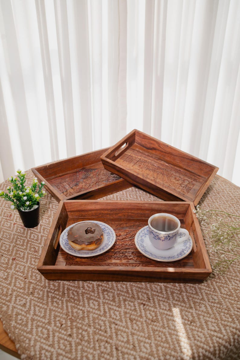 Handmade Rectangular Wood Ottoman Tray: Carved Coffee Table Tea Platter