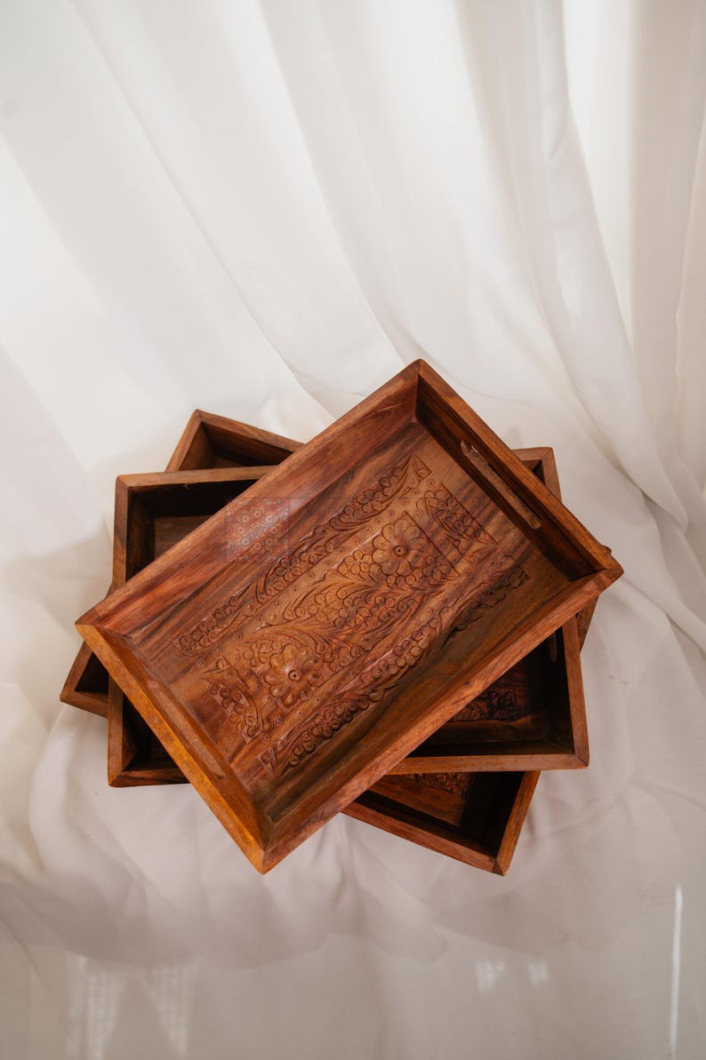 Handmade Rectangular Wood Ottoman Tray: Carved Coffee Table Tea Platter