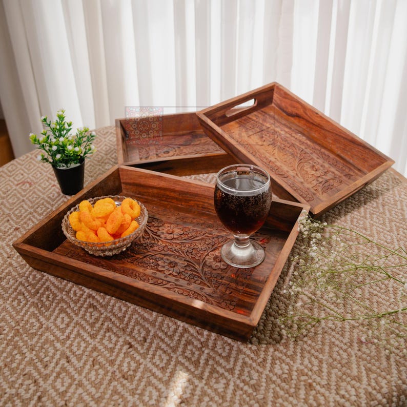 Handmade Rectangular Wood Ottoman Tray: Carved Coffee Table Tea Platter