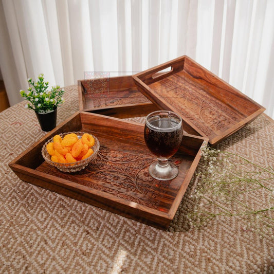 Handmade Rectangular Wood Ottoman Tray: Carved Coffee Table Tea Platter