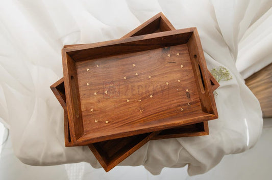 Handmade Rosewood Serving Tray with Brass Inlay - Rustic Farmhouse Decor