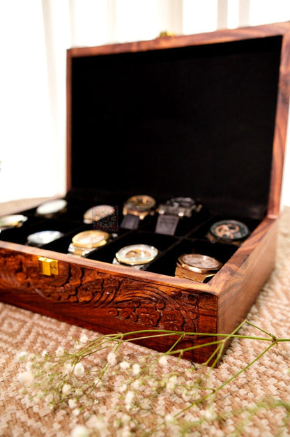 Rustic Wooden Watch Box: 10-Slot Floral Carved Boho Decor