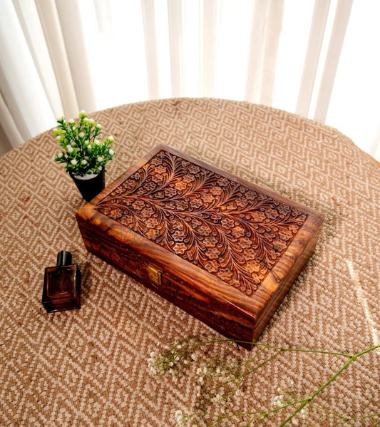 Rustic Wooden Watch Box: 10-Slot Floral Carved Boho Decor