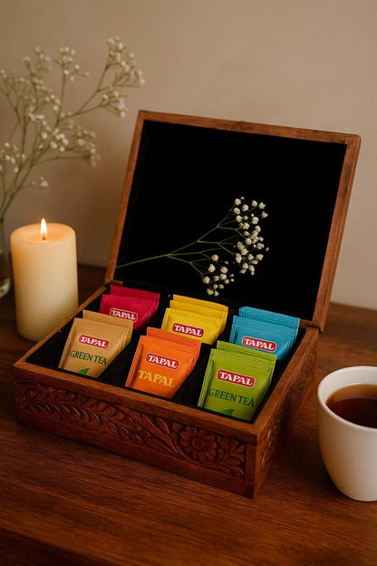 Handmade Wooden Tea Box 6 Slot Tea Bag Organizer Unique 5th or 7th Anniversary Gift for Husband or Wife