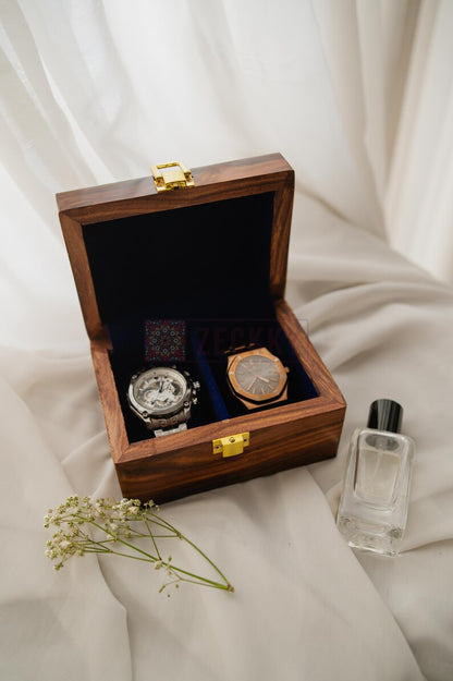 Floral Engraved Wooden Watch Box: 2-Slot Men's Accessory Organizer