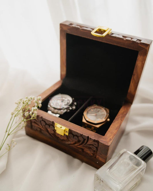 Floral Engraved Wooden Watch Box: 2-Slot Men's Accessory Organizer