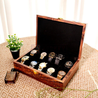 Rustic Wooden Watch Box: 10-Slot Floral Carved Boho Decor