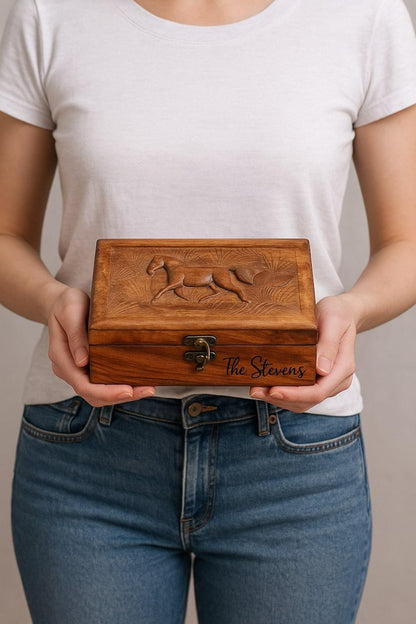 Personalized Wooden Jewelry Box: Hand-Carved Horse Keepsake