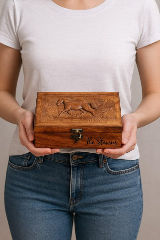 Personalized Wooden Jewelry Box: Hand-Carved Horse Keepsake