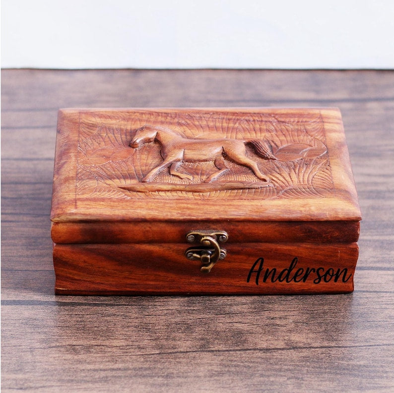 Personalized Wooden Jewelry Box: Hand-Carved Horse Keepsake