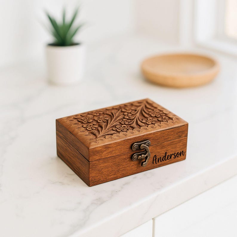 Engraved Rosewood Keepsake Box: Vintage Floral Jewelry Organizer